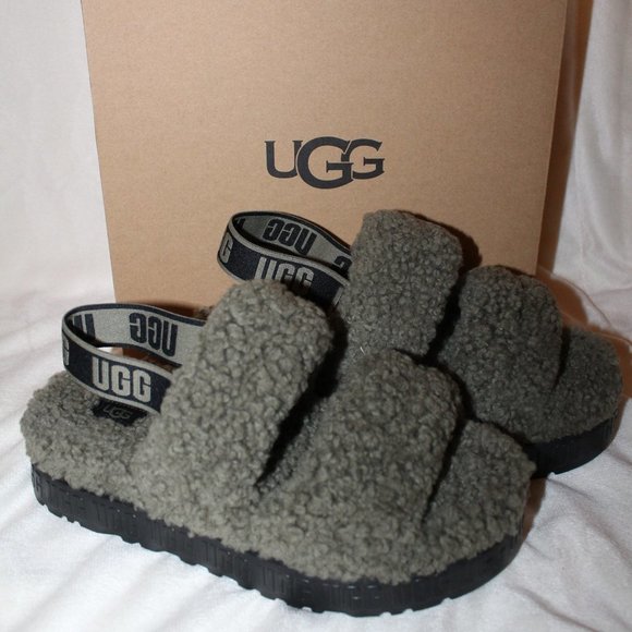 NIB‎ UGG FLUFFITA PLATFORM SLINGBACK SANDAL SLIPPERS OLIVE GREEN GRAY 10 - Picture 1 of 7